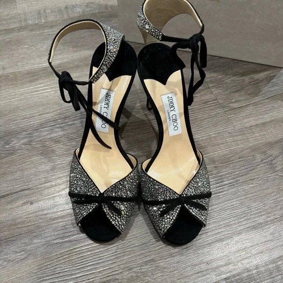 Jimmy Choo Talaya 100 Black Suede Crystal Hotfix Embellished Heels Sandals - Picture 5 of 13
